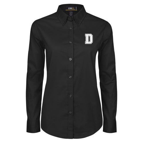 Womens Black Twill Button Down Long Sleeve  - D