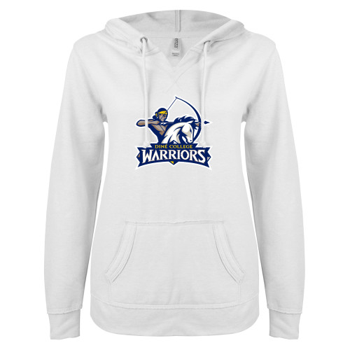 Diné ENZA Womens White V Notch Raw Edge Fleece Hoodie
