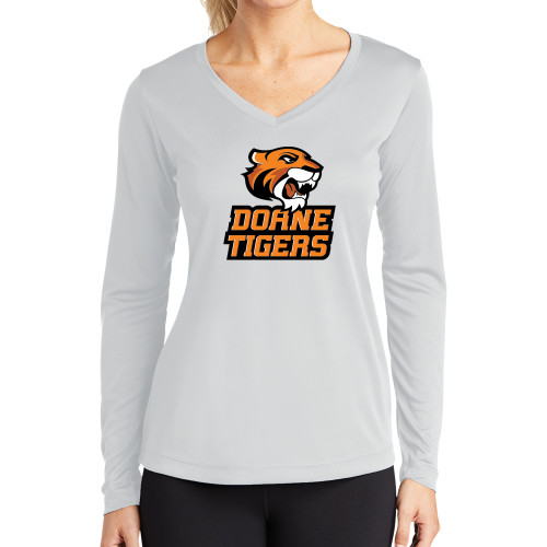  Womens White Performance Long Sleeve V Neck Shirt - Thomas Doanes Tigers