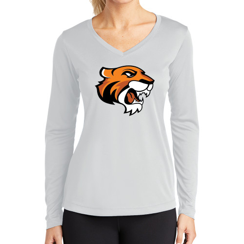  Womens White Performance Long Sleeve V Neck Shirt - Thomas Tiger Head