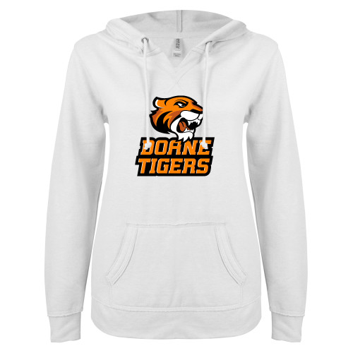  ENZA Womens White V Notch Raw Edge Fleece Hoodie - Thomas Doanes Tigers