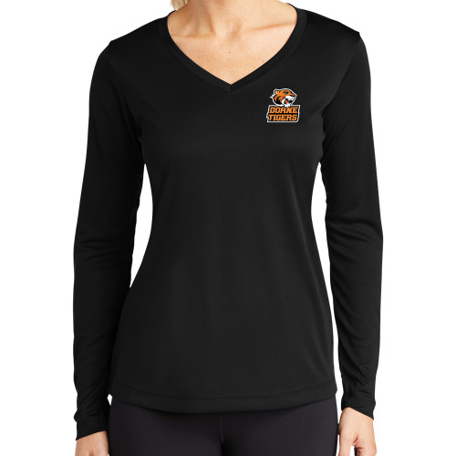  Womens Black Performance Long Sleeve V Neck Shirt - Thomas Doanes Tigers