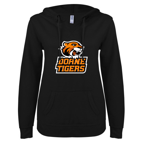 ENZA Womens Black V Notch Raw Edge Fleece Hoodie - Thomas Doanes Tigers