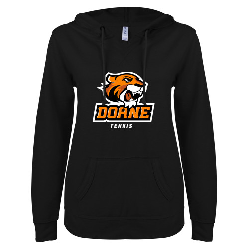  ENZA Womens Black V Notch Raw Edge Fleece Hoodie - Tennis