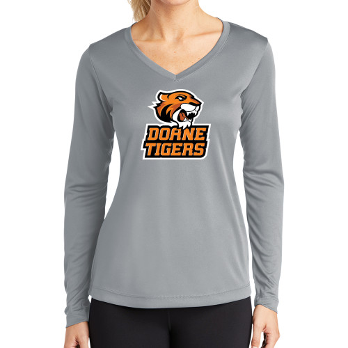  Womens Grey Performance Long Sleeve V Neck Shirt - Thomas Doanes Tigers