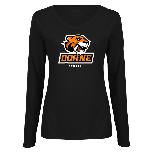  Womens Black Long Sleeve V Neck Tee  - Tennis