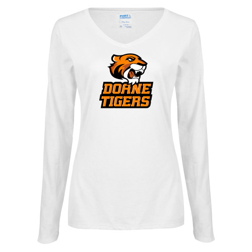  Womens White Long Sleeve V Neck Tee - Thomas Doanes Tigers