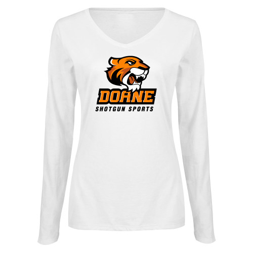  Womens White Long Sleeve V Neck Tee  - Shotgun Sports