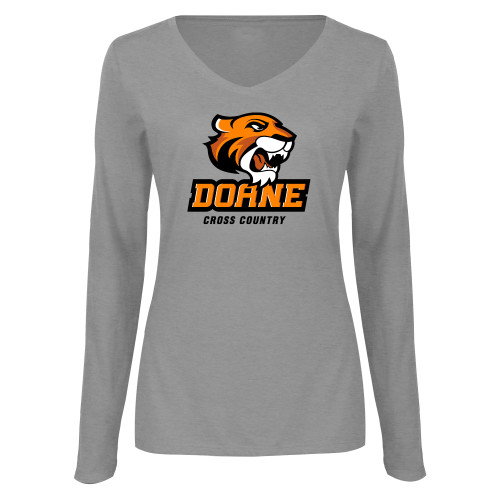  Womens Grey Long Sleeve V Neck Tee  - Cross Country