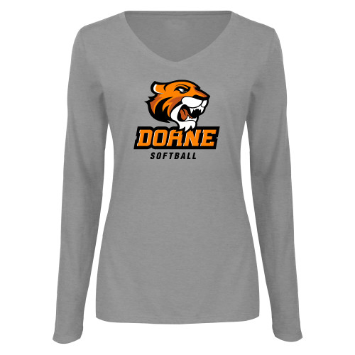  Womens Grey Long Sleeve V Neck Tee  - Softball