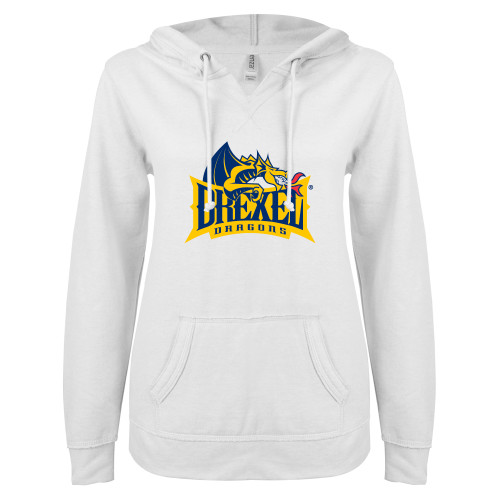 Drexel ENZA Womens White V Notch Raw Edge Fleece Hoodie