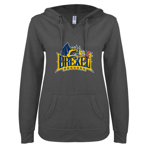 Drexel ENZA Womens Dark Heather V Notch Raw Edge Fleece Hoodie