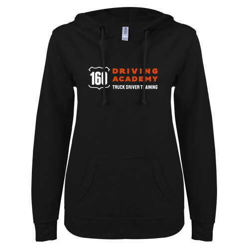 ENZA Womens Black V Notch Raw Edge Fleece Hoodie - 160 Driving Academy Horizontal Mark