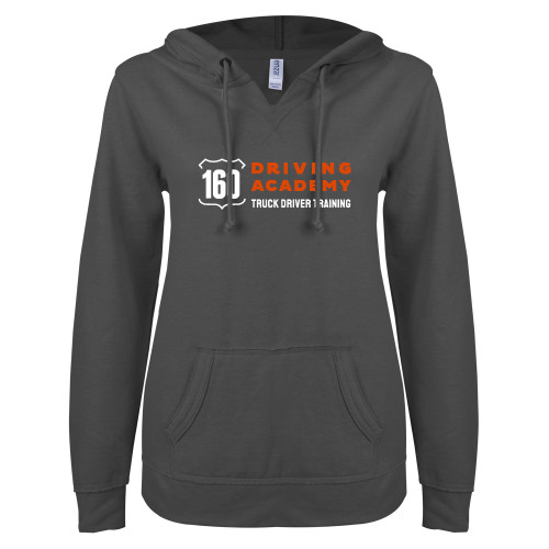  ENZA Womens Dark Heather V Notch Raw Edge Fleece Hoodie - 160 Driving Academy Horizontal Mark
