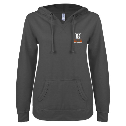  ENZA Womens Dark Heather V Notch Raw Edge Fleece Hoodie - 160 Driving Academy Vertical Mark