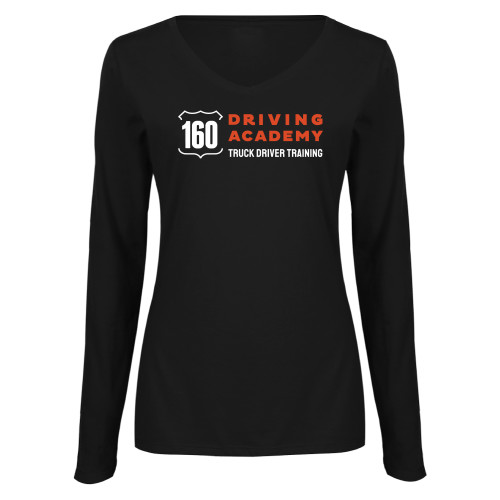 Womens Black Long Sleeve V Neck Tee  - 160 Driving Academy Horizontal Mark