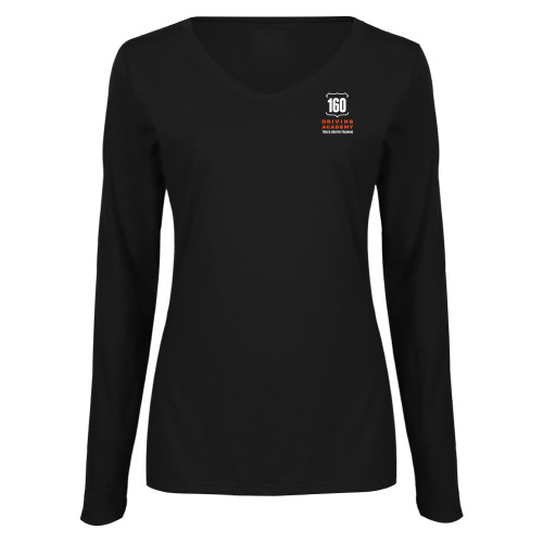  Womens Black Long Sleeve V Neck Tee  - 160 Driving Academy Vertical Mark