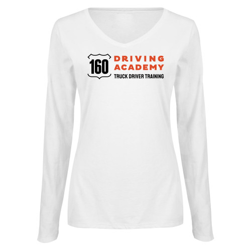  Womens White Long Sleeve V Neck Tee  - 160 Driving Academy Horizontal Mark
