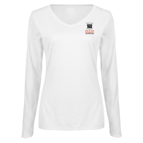  Womens White Long Sleeve V Neck Tee  - 160 Driving Academy Vertical Mark
