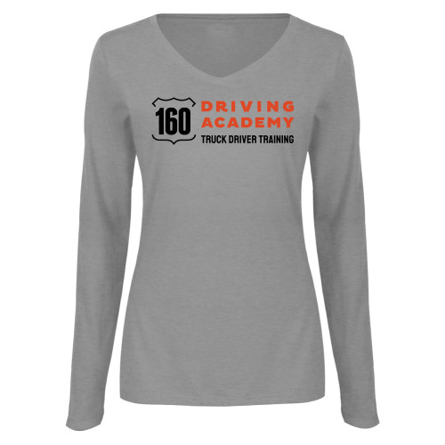  Womens Grey Long Sleeve V Neck Tee  - 160 Driving Academy Horizontal Mark