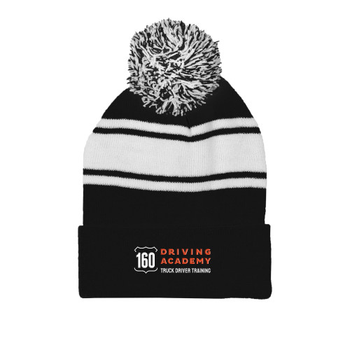  Black/White Two Tone Knit Pom Beanie w/Cuff - 160 Driving Academy Horizontal Mark