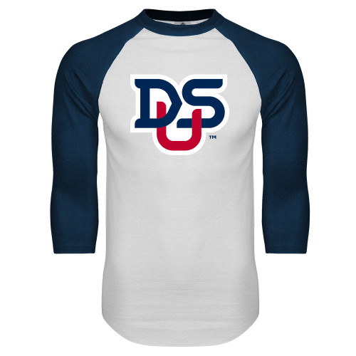  White/Navy Raglan Baseball T Shirt - DSU Ligature
