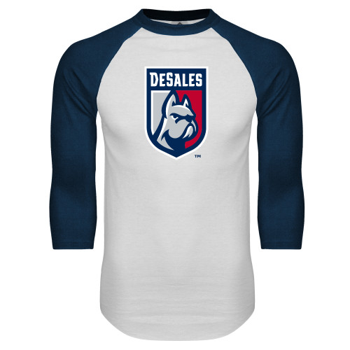  White/Navy Raglan Baseball T Shirt - Desales Shield w/ Bulldog
