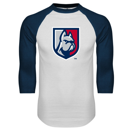  White/Navy Raglan Baseball T Shirt - Bulldog Shield