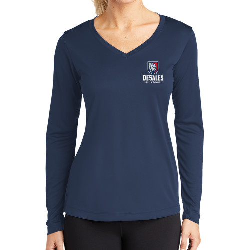  Womens Navy Performance Long Sleeve V Neck Shirt - Primary Logo