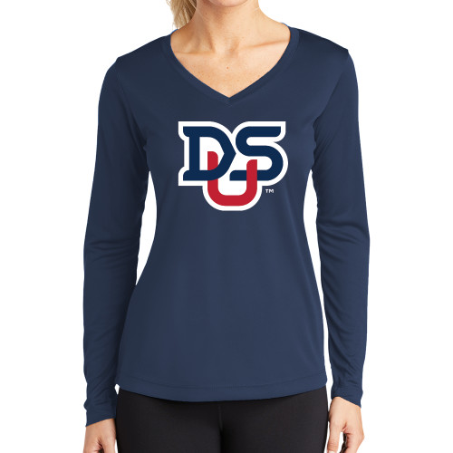  Womens Navy Performance Long Sleeve V Neck Shirt - DSU Ligature