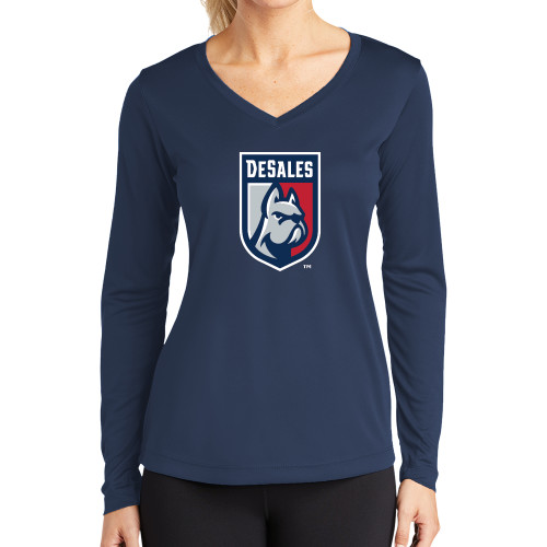  Womens Navy Performance Long Sleeve V Neck Shirt - Desales Shield w/ Bulldog