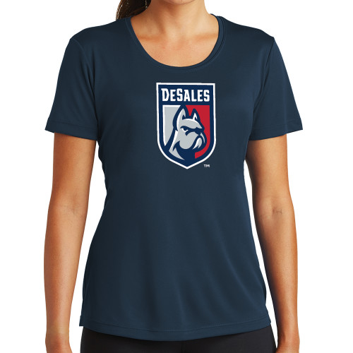  Womens Navy Performance Tee - Desales Shield w/ Bulldog