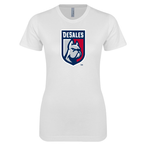  Next Level Womens White Boyfriend Tee - Desales Shield w/ Bulldog
