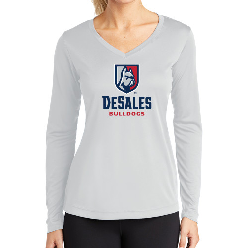  Womens White Performance Long Sleeve V Neck Shirt - Primary Logo