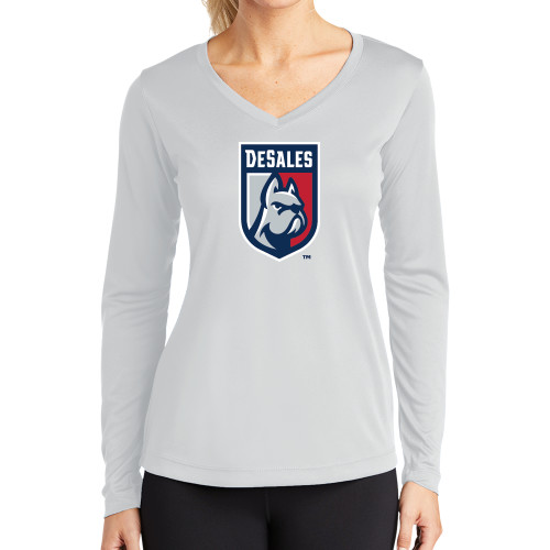  Womens White Performance Long Sleeve V Neck Shirt - Desales Shield w/ Bulldog