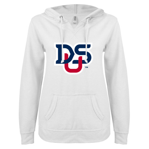  ENZA Womens White V Notch Raw Edge Fleece Hoodie - DSU Ligature