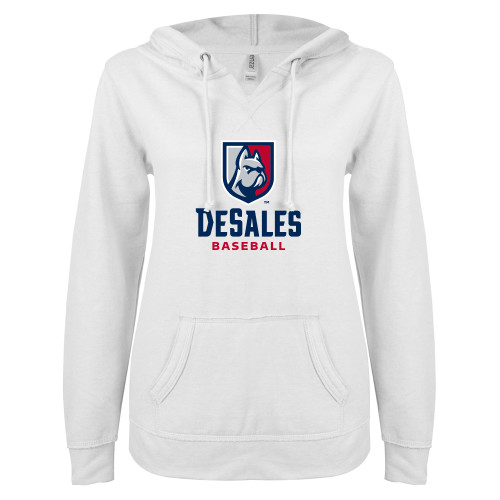  ENZA Womens White V Notch Raw Edge Fleece Hoodie - Baseball