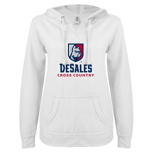  ENZA Womens White V Notch Raw Edge Fleece Hoodie - Cross Country