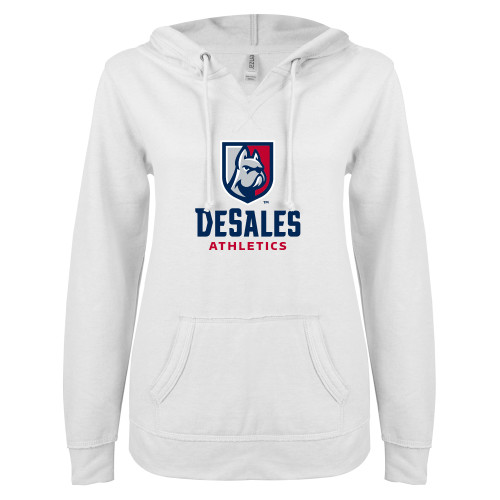  ENZA Womens White V Notch Raw Edge Fleece Hoodie - Athletics