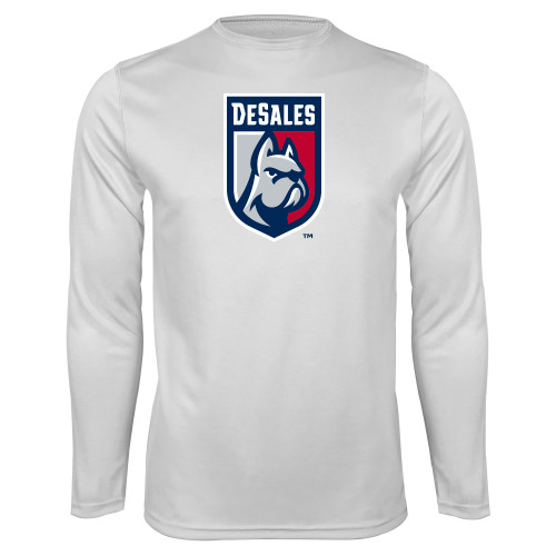  White Performance Long Sleeve Shirt - Desales Shield w/ Bulldog