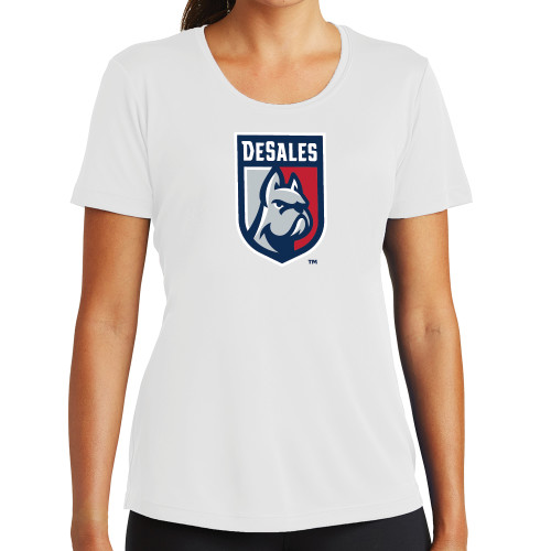  Womens White Performance Tee - Desales Shield w/ Bulldog