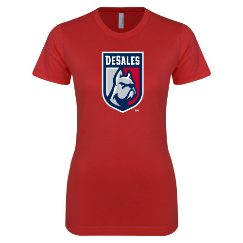  Next Level Womens Red Boyfriend Tee - Desales Shield w/ Bulldog