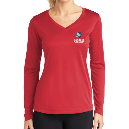  Womens Red Performance Long Sleeve V Neck Shirt - Primary Logo