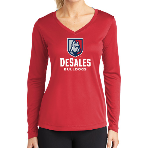  Womens Red Performance Long Sleeve V Neck Shirt - Primary Logo