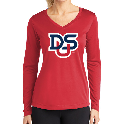  Womens Red Performance Long Sleeve V Neck Shirt - DSU Ligature