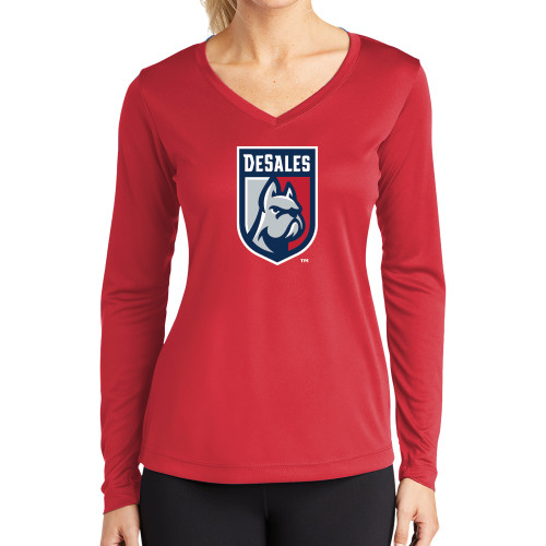  Womens Red Performance Long Sleeve V Neck Shirt - Desales Shield w/ Bulldog