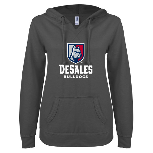  ENZA Womens Dark Heather V Notch Raw Edge Fleece Hoodie - Primary Logo