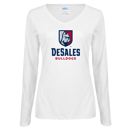  Womens White Long Sleeve V Neck Tee - Primary Logo