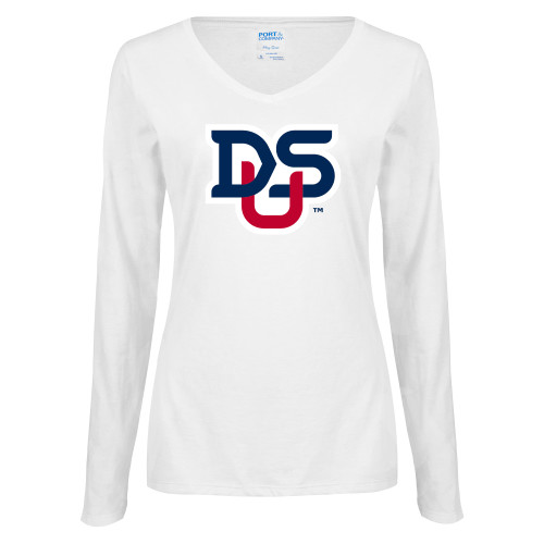  Womens White Long Sleeve V Neck Tee - DSU Ligature
