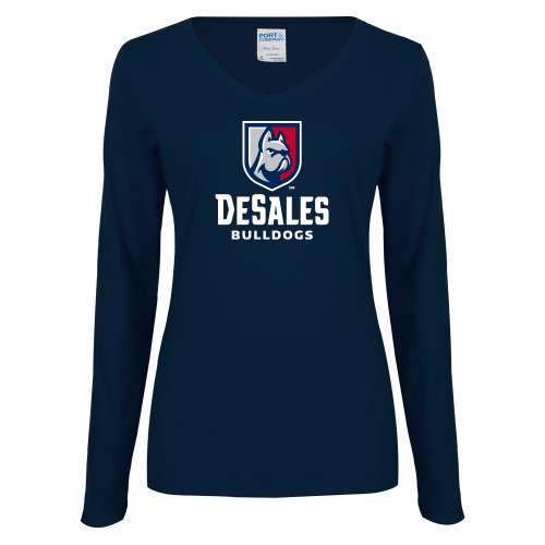 Womens Navy Long Sleeve V Neck Tee - Primary Logo